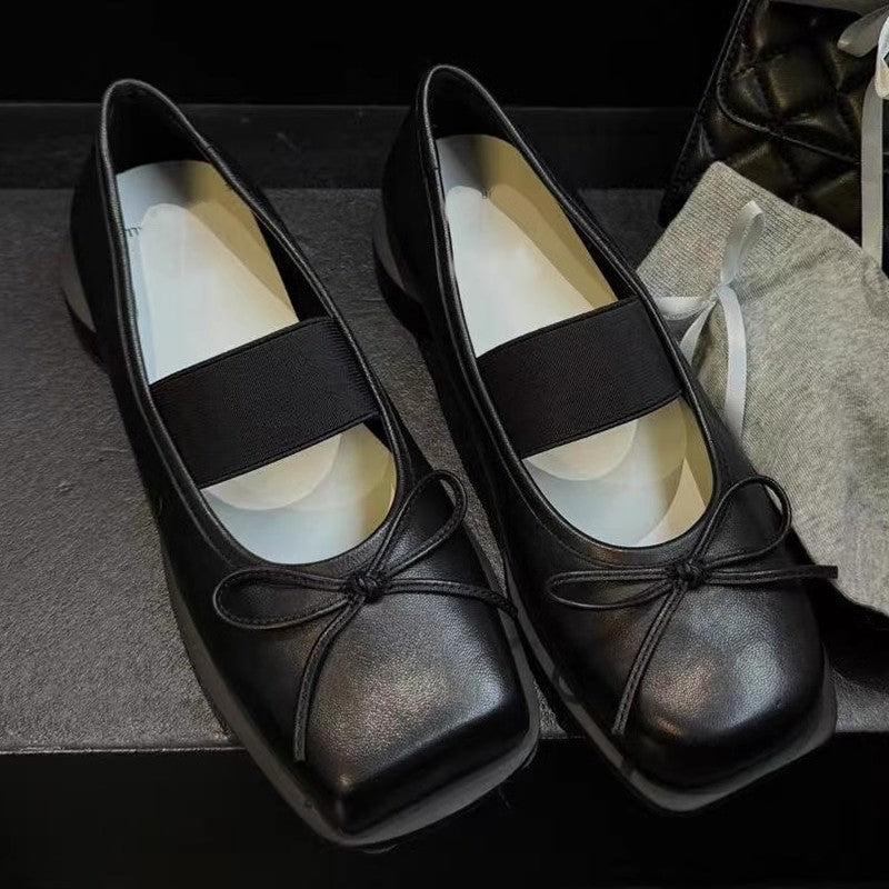 Vintage Low-cut Mandarin Duck Square Head Ballet Pumps Bow Heels