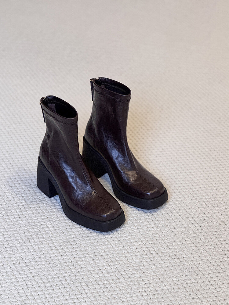 Women's Toe High Thin Chunky French Ankle Women's Leather Boots