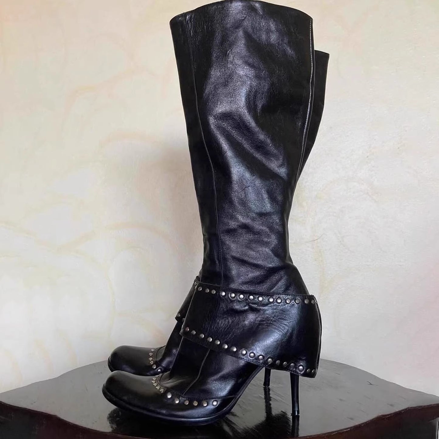 Rivet Round Toe Fashion Hot Stiletto Large High Dark Heels
