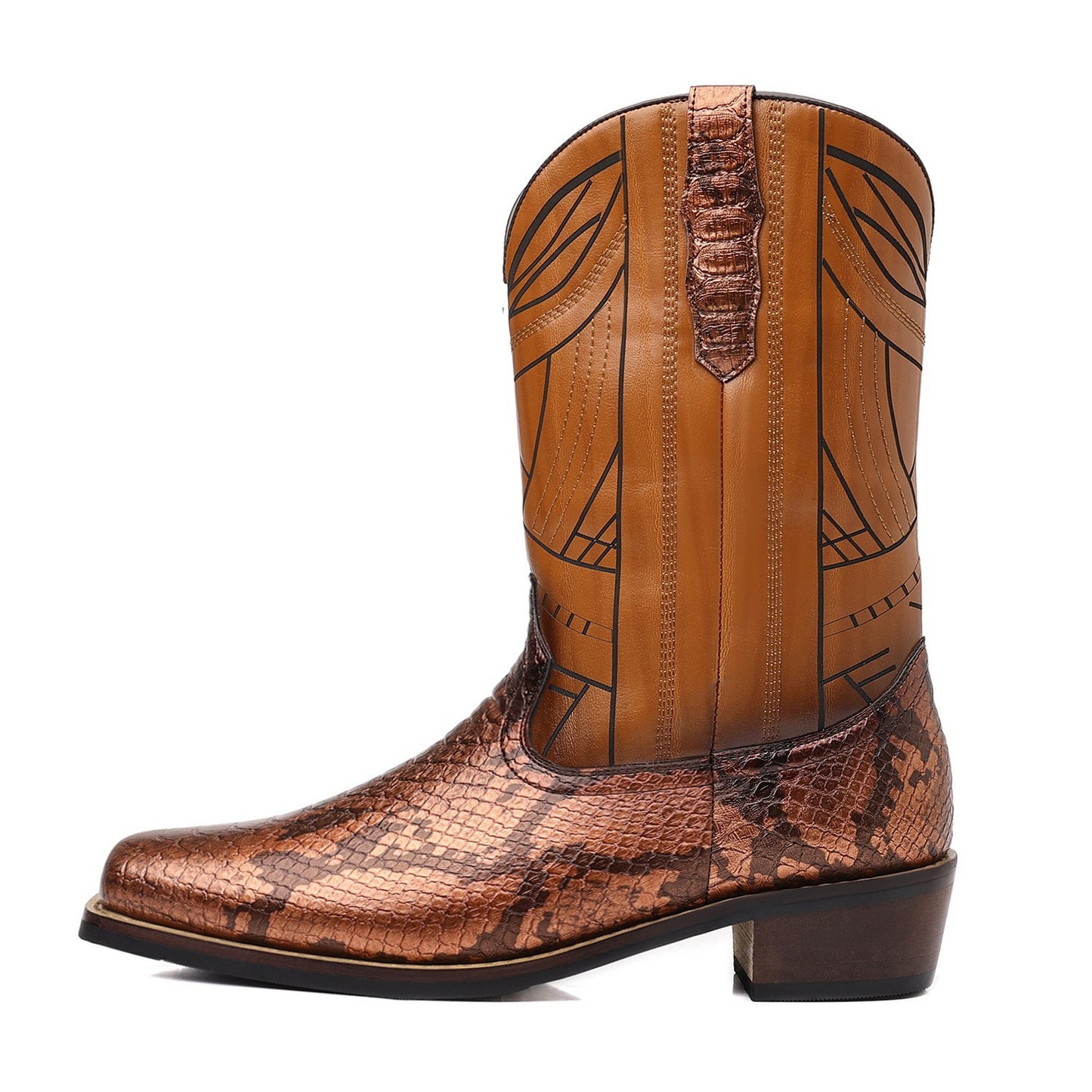 Men's Retro Ankle Cowboy Wooden High Knee-high Men's Leather Boots