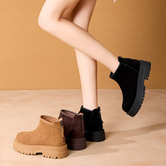 Women's Winter Vintage Fleece-lined Warm Side Zipper Frosted Cowhide Platform Women's Leather Boots