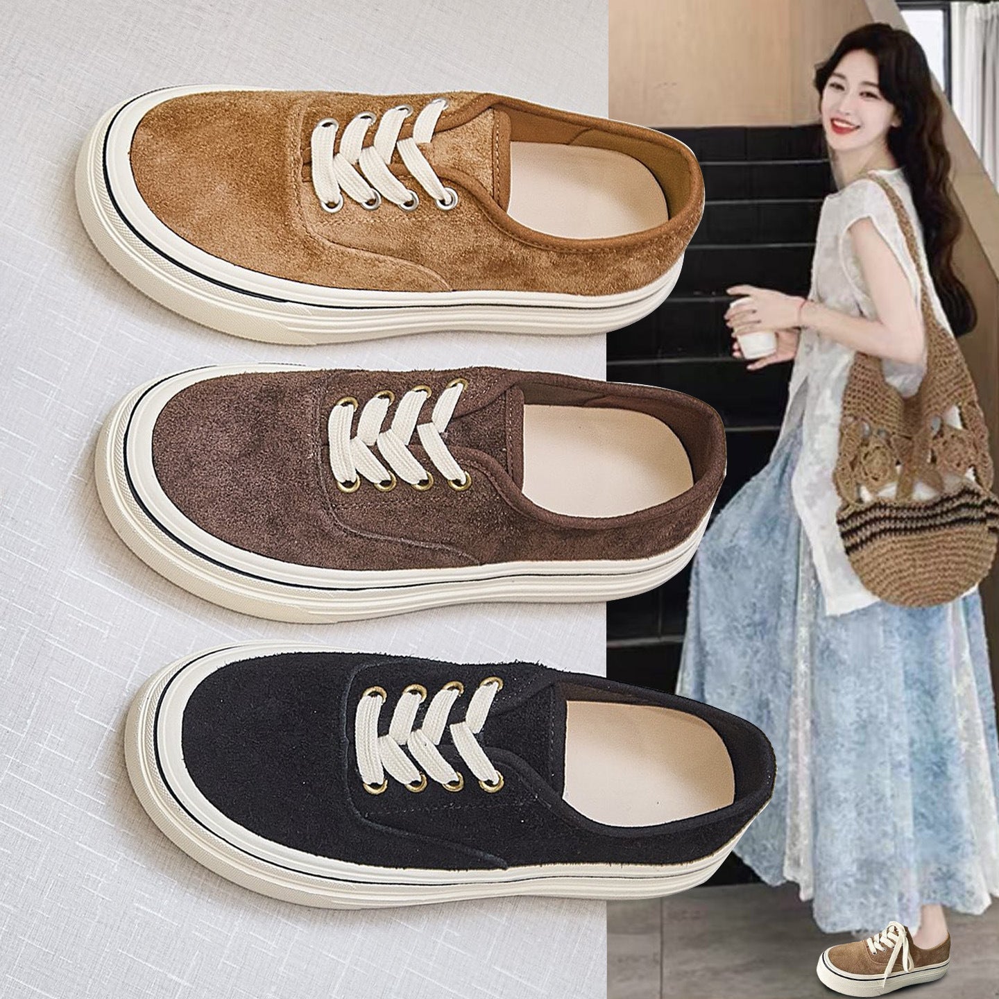 Women's Layer Cowhide Reverse Made Board Thick Bottom Korean Sneakers