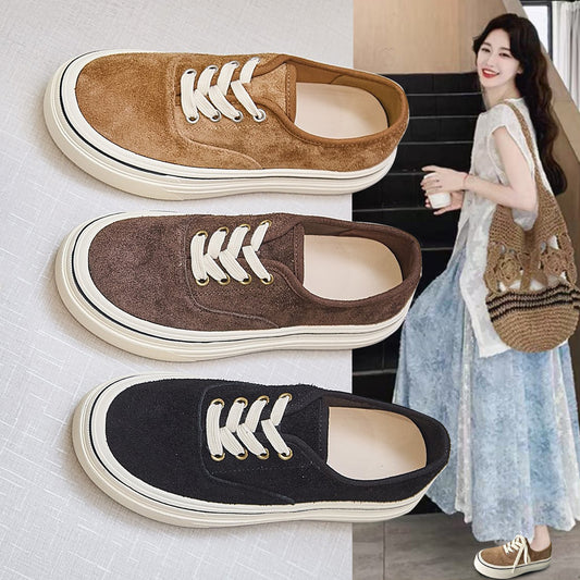 Women's Layer Cowhide Reverse Made Board Thick Bottom Korean Sneakers