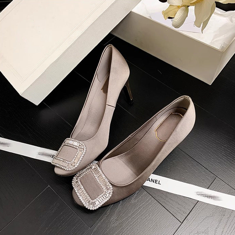 Women's Square Buckle Rhinestone Pumps Black Stiletto Round Heels