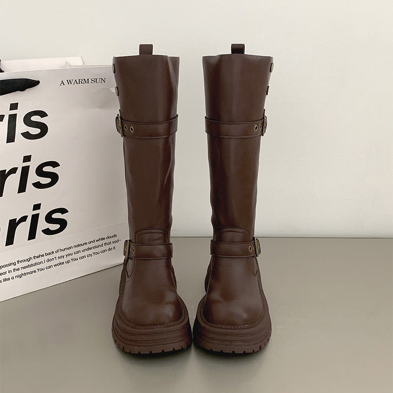 Women's Brown Retro British Style Chunky Platform Below Heels