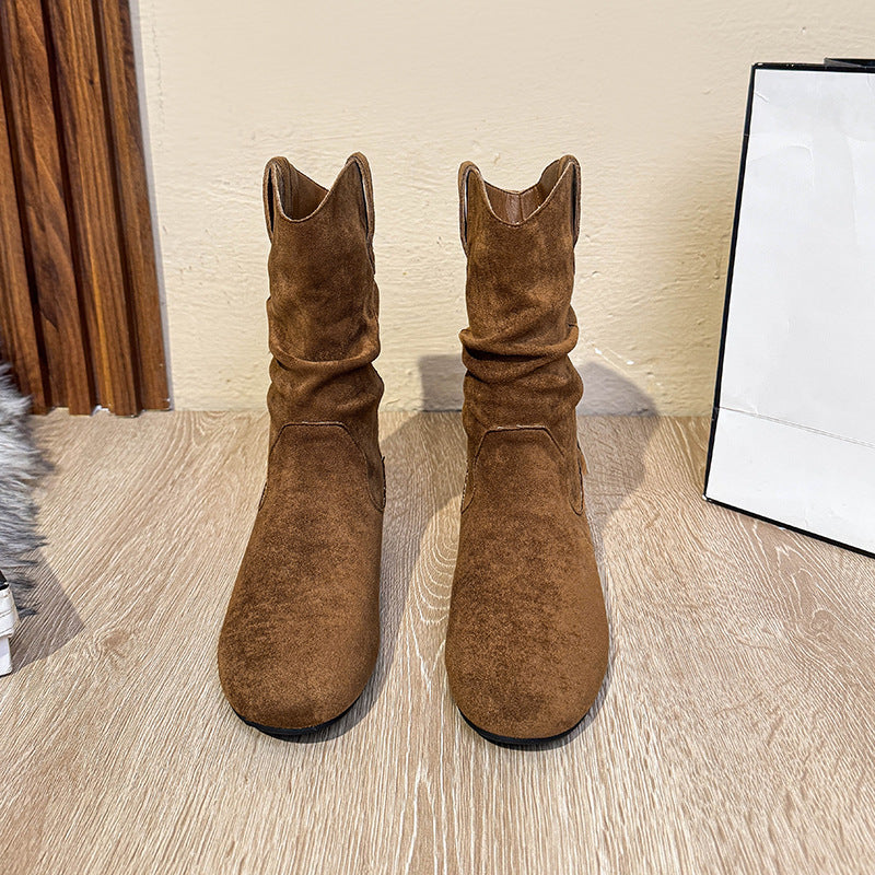Women's Increasing Insole Soft Bottom Western Cowboy Round Women's Leather Boots