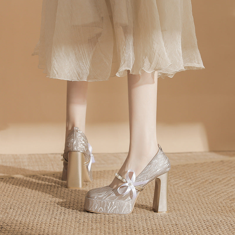 Small Sier High Chunky French Mary Jane Wedding Heels