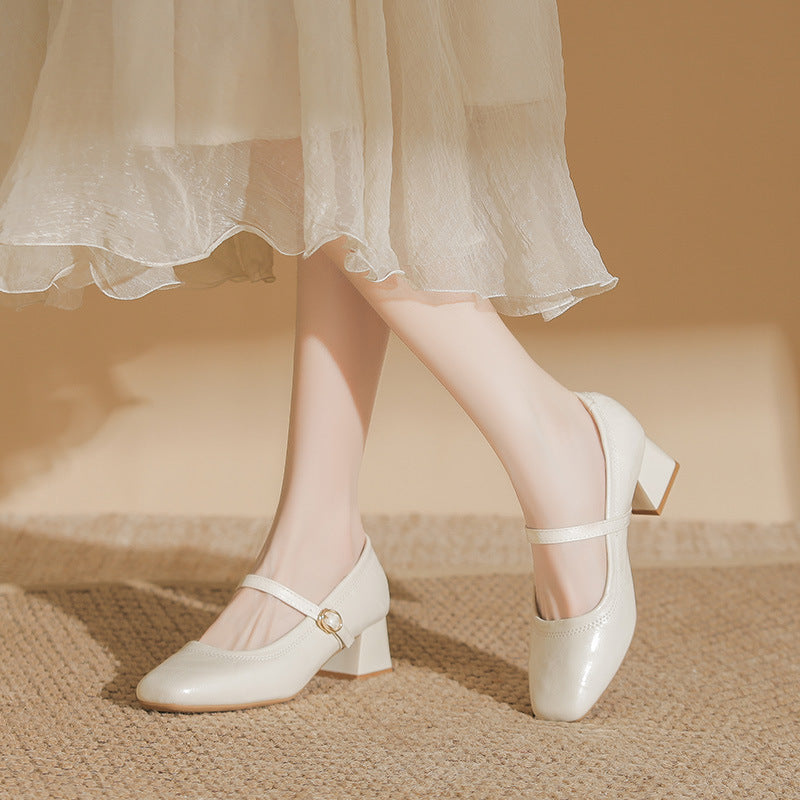 Women's French Gentle Pumps Female Chunky Square Toe Cheongsam Temperament Commute Heels