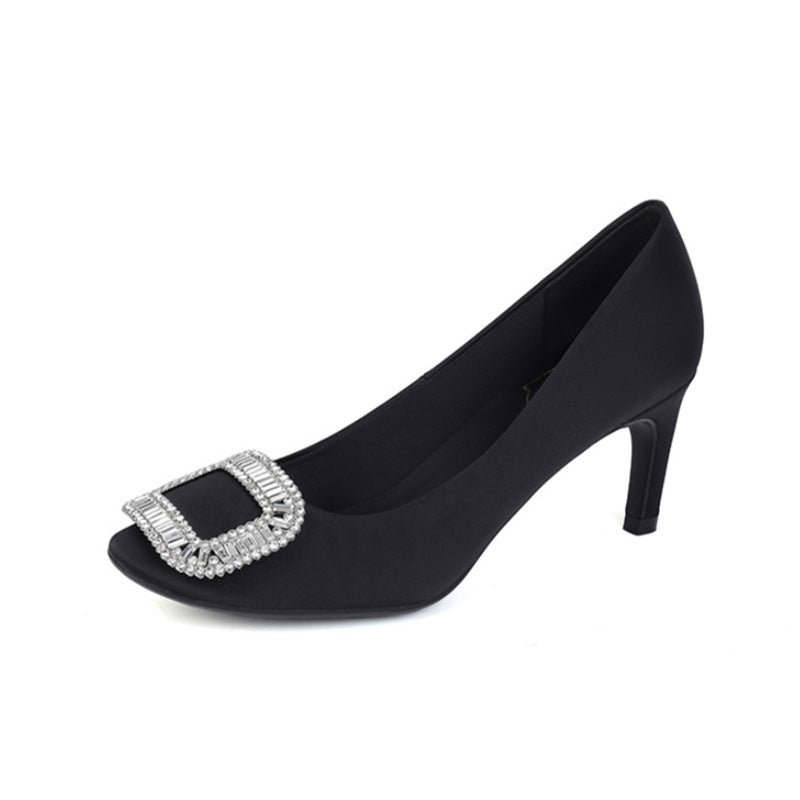 Women's Square Buckle Rhinestone Pumps Black Stiletto Round Heels