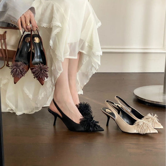 Tassel Flowers Pointed Toe Pumps Shallow Mouth Back Heels
