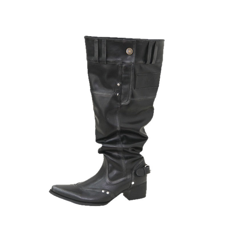 Women's The Knee Pointed Toe Chunky Black Pile Women's Leather Boots