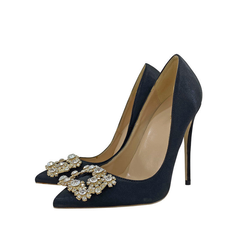 Women's Square Buckle High Pointed Stiletto Low-cut Pumps Red Women's Fashion Shoes