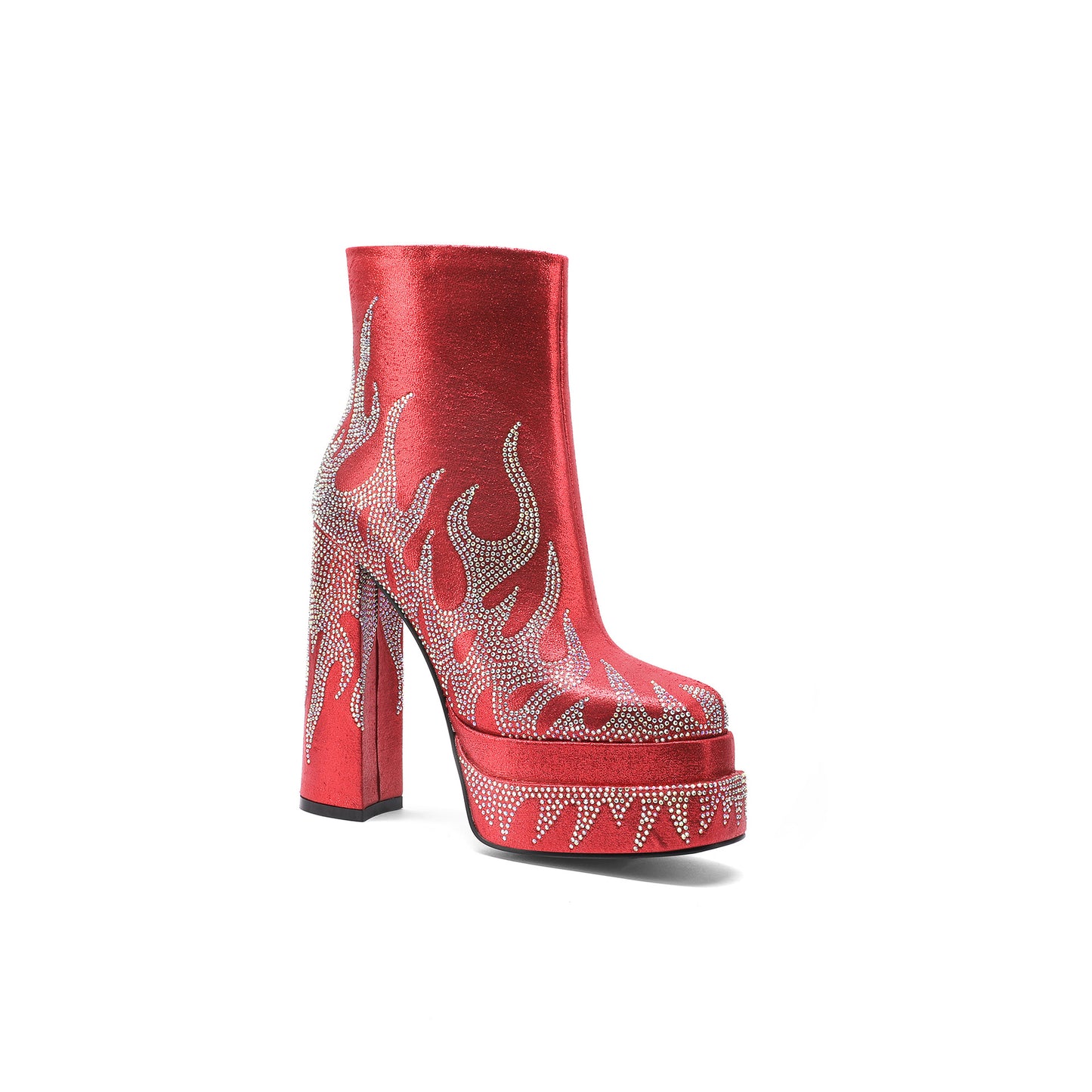 Women's Flame Pattern Bootie Square Head Side Zipper Chunky High Plus Heels
