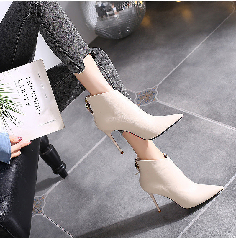 Women's British Style Beige Stiletto Pointed Graceful Women's Leather Boots