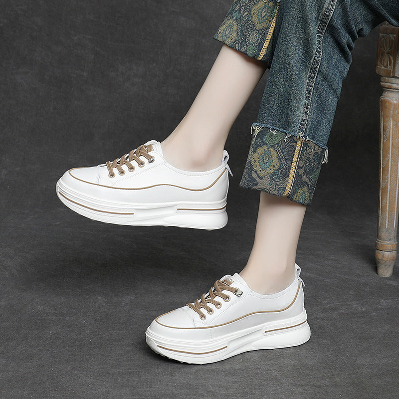 Women's Cowhide Easy Wear Thick Bottom Platform Sneakers