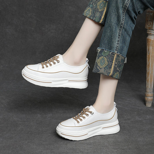 Women's Cowhide Easy Wear Thick Bottom Platform Sneakers