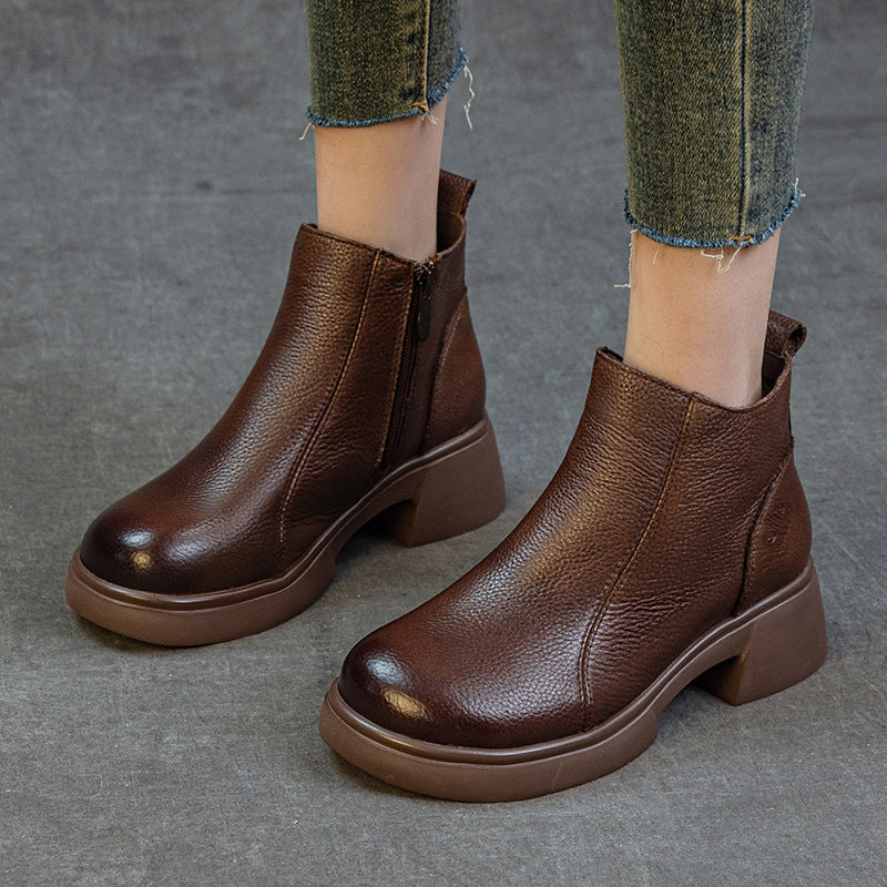 Women's First Layer Cowhide Martin Retro British Style Genuine Medium Heels