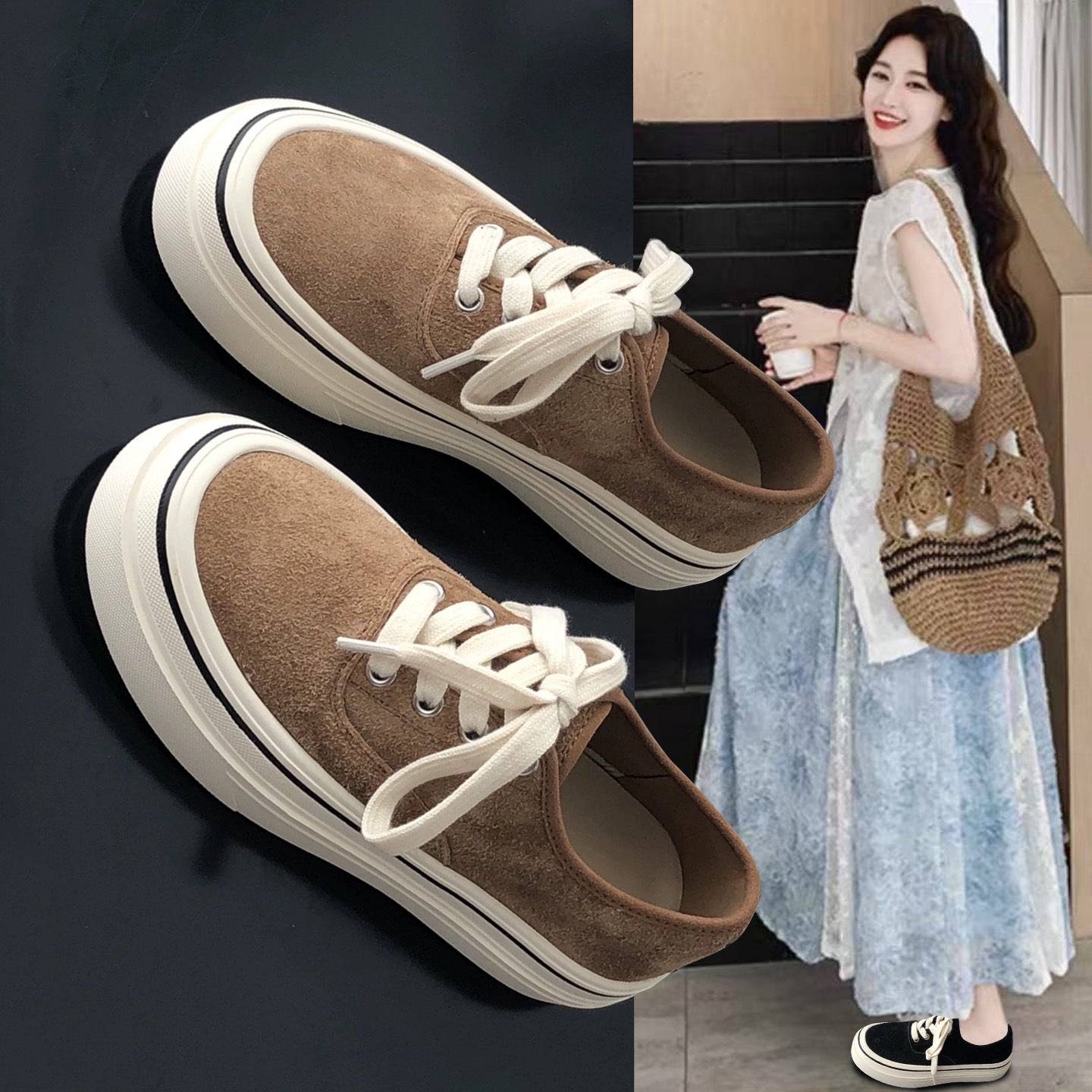 Women's Layer Cowhide Reverse Made Board Thick Bottom Korean Sneakers