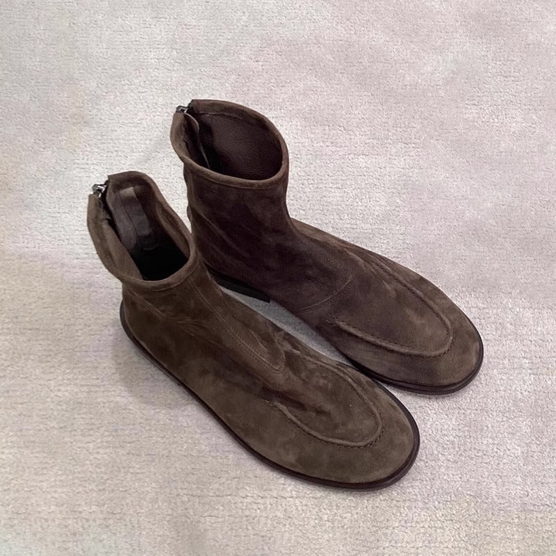 British Style Round Toe Flat Bottom Ankle Genuine Suede Skinny Women's Leather Boots