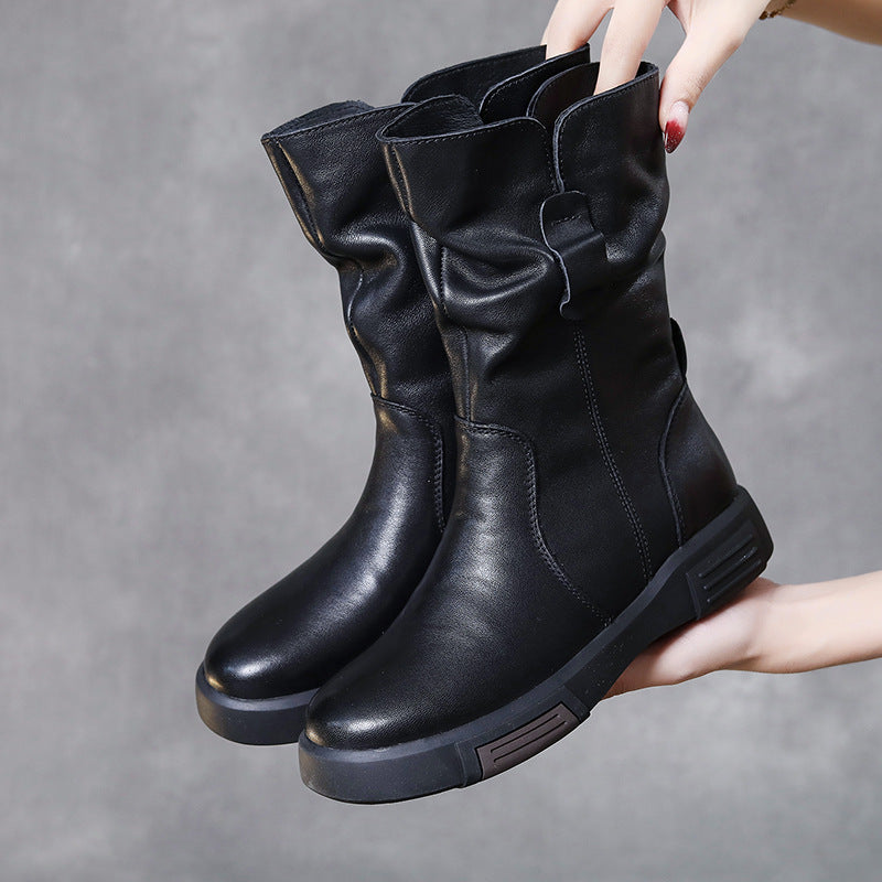 Women's Flat First Layer Cowhide Retro Round Boots