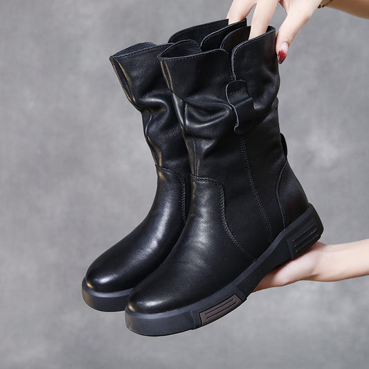 Women's Flat First Layer Cowhide Retro Round Boots