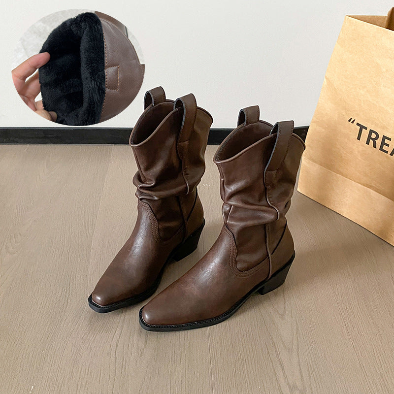 Vintage Crumpled Pile Style Short Female Autumn Western Cowboy Boots