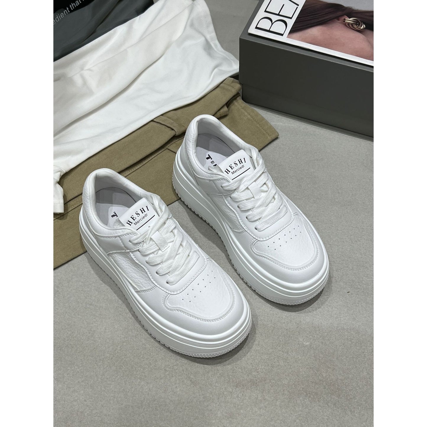 Women's White Spring Genuine Fashion Thick Sole Height Sneakers
