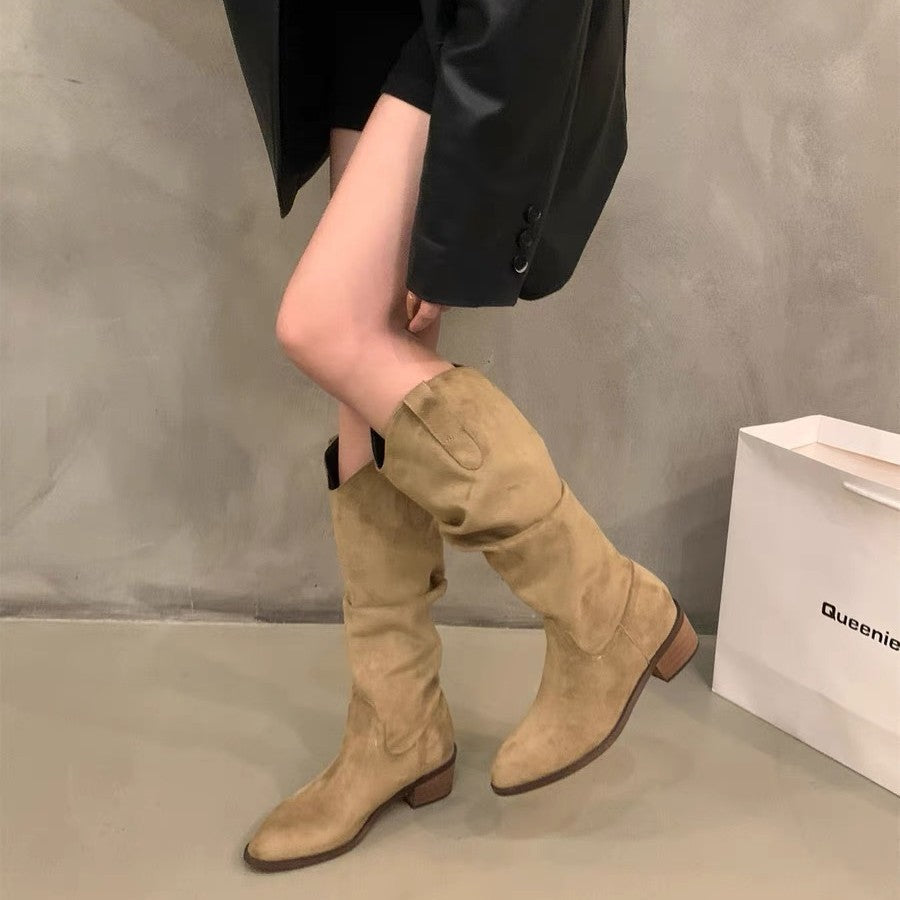 Women's Cowhide Version Retro V Mouth Height Increasing Pile Style Small Women's Leather Boots