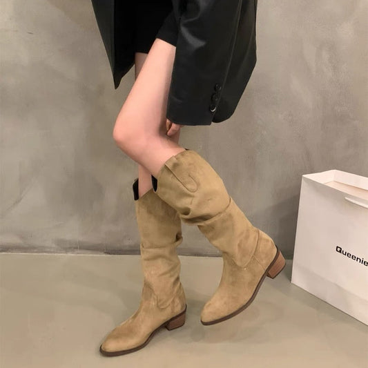 Women's Cowhide Version Retro V Mouth Height Increasing Pile Style Small Women's Leather Boots
