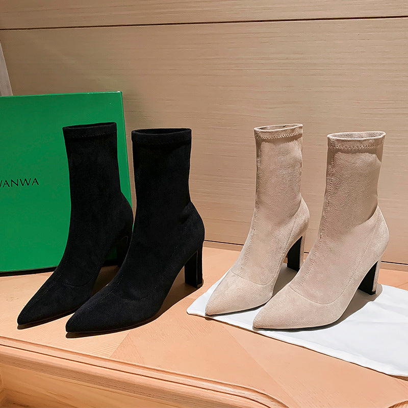 Elastic Booties Black Suede Thick Pointed Toe Boots