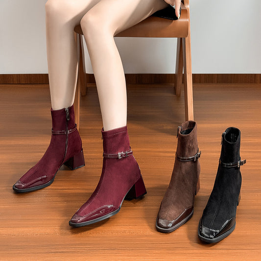Women's Red Cashmere Stitching Square Toe Booties Chunky High Skinny Joker Heels