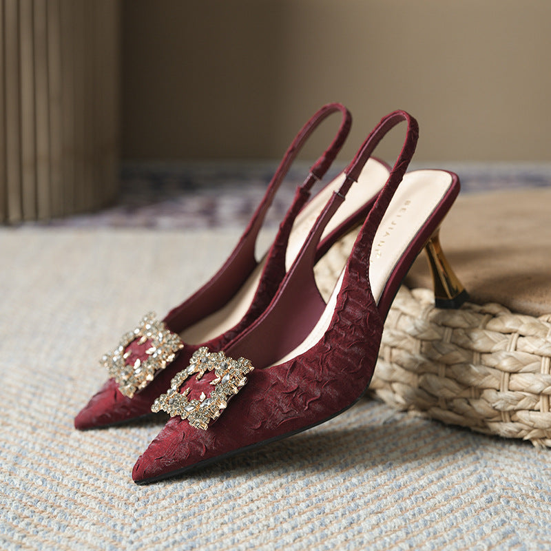 Women's Style Satin Pleated Square Buckle Pointed Toe Stiletto Sandals