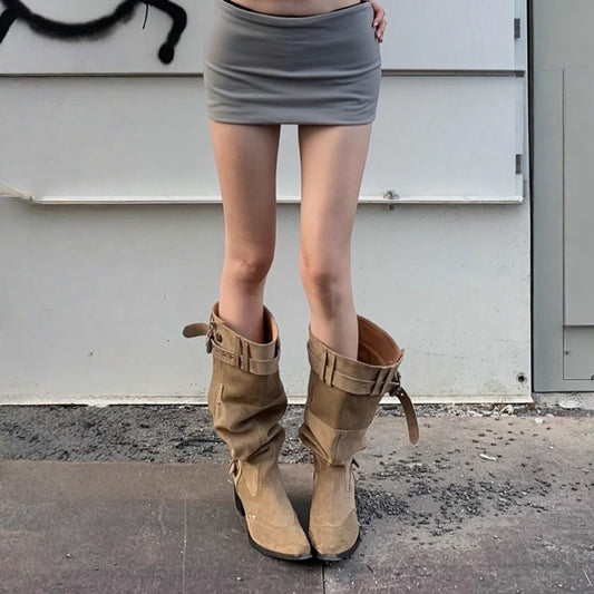 Women's The Knee Long Female Khaki Suede Chunky Slimming Pleated Pile Women's Leather Boots