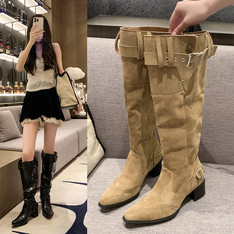 Women's The Knee Pointed Toe Chunky Black Pile Women's Leather Boots