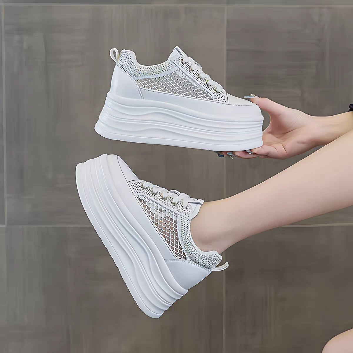 Women's Height Increasing Breathable Mesh White Thick Sports Casual Shoes