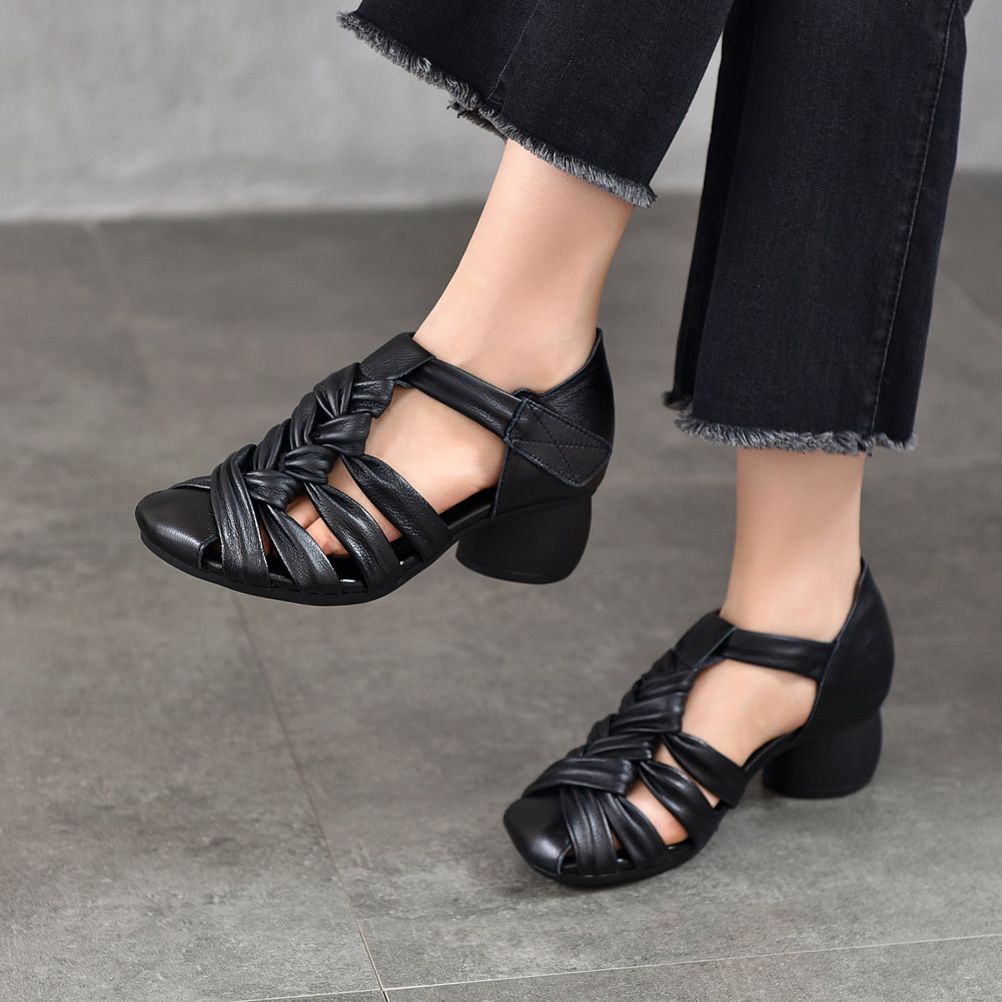 Women's Cowhide Handmade Woven Hollowed Chunky Mid Toe High Heeled Sandals