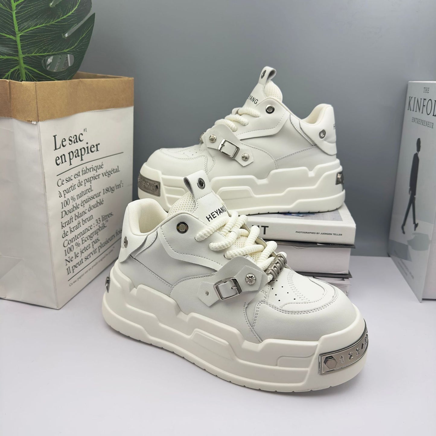 Women's & Men's Bread Thick Sole Height Increasing Fashionable White Design Couple Men's Casual Shoes