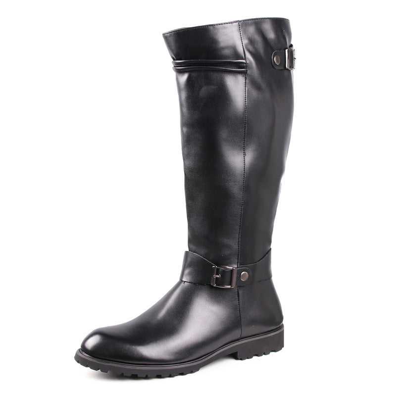Hair Simple Wellingtons Korean Fashion Zipper High Leg Denim Pointed Men's Leather Boots