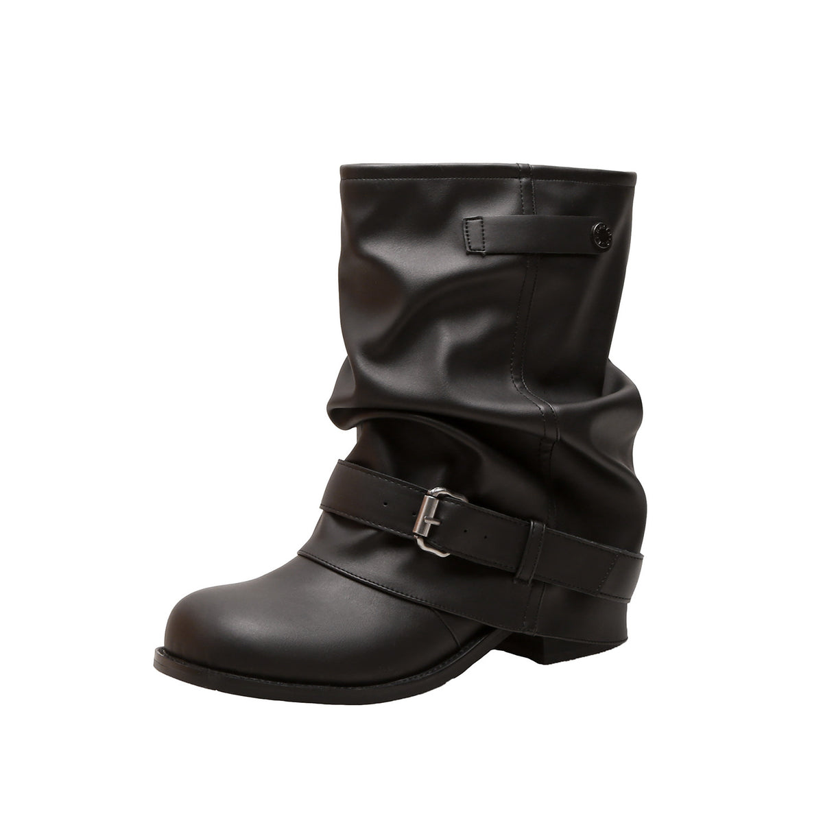 Women's Wear Height Increasing Insole Belt Buckle Chunky Ankle Pleated Pile Women's Leather Boots