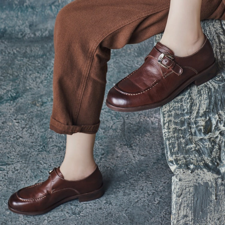 Style Washed Cowhide Round Toe Handmade Adjustable Buckle Fashion Deep Women's Casual Shoes