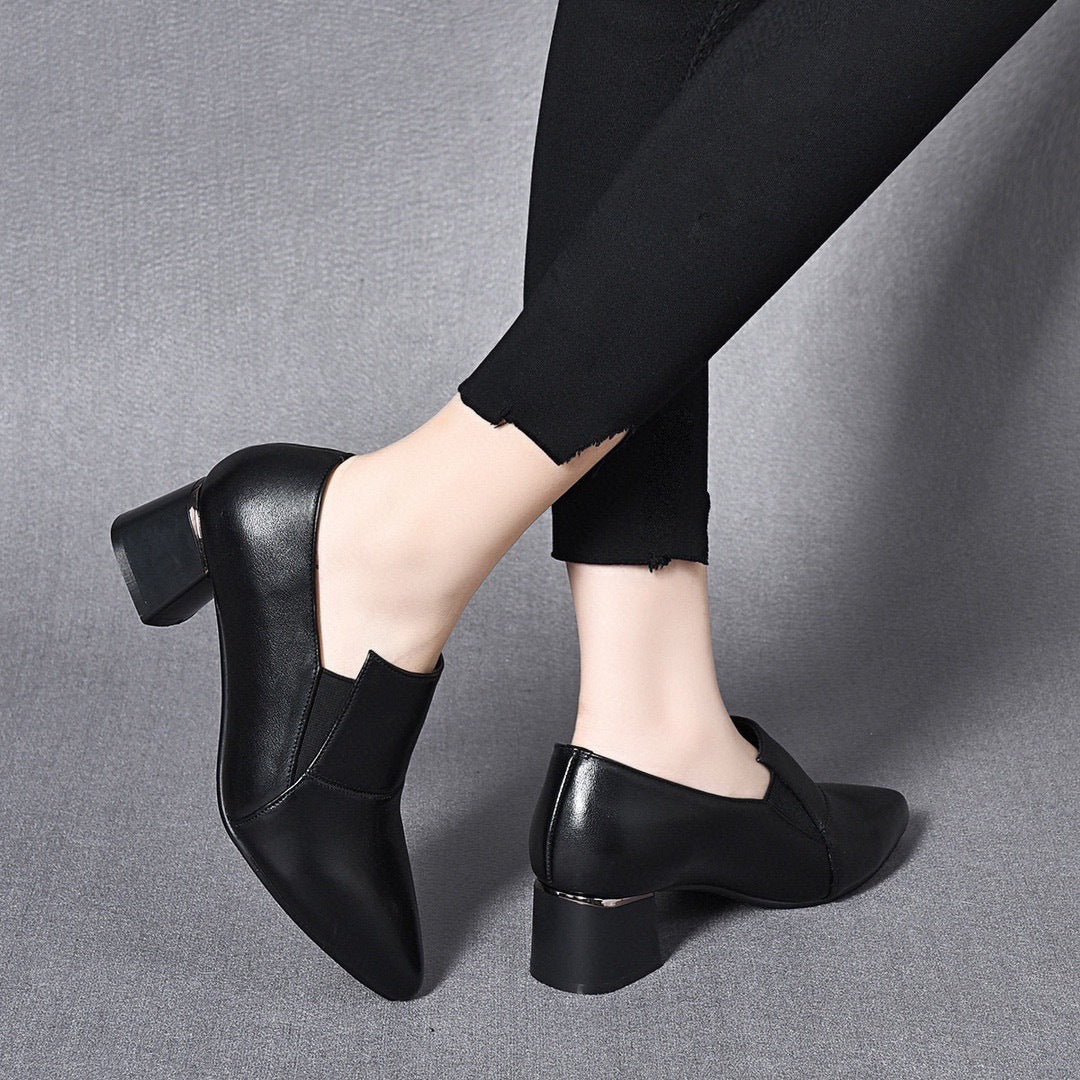 Women's High Deep Mouth Pumps Chunky Simple Leather Shoes