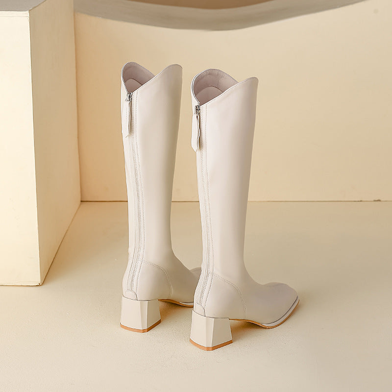 Women's Elastic Square Toe Chunky V Cut Back Zipper Slimming Below Women's Leather Boots
