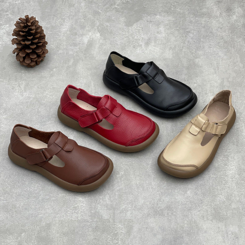 Women's Retro Handmade Round Head Velcro Slip-on Flat Cowhide Women's Casual Shoes