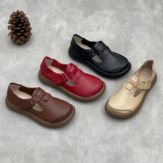 Women's Retro Handmade Round Head Velcro Slip-on Flat Cowhide Women's Casual Shoes
