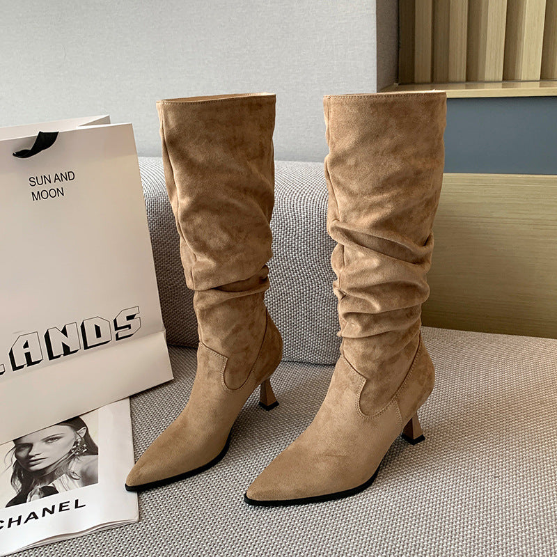 Women's Thick Leg Big Tube Circumference High Pointed Toe Pile Style Heels