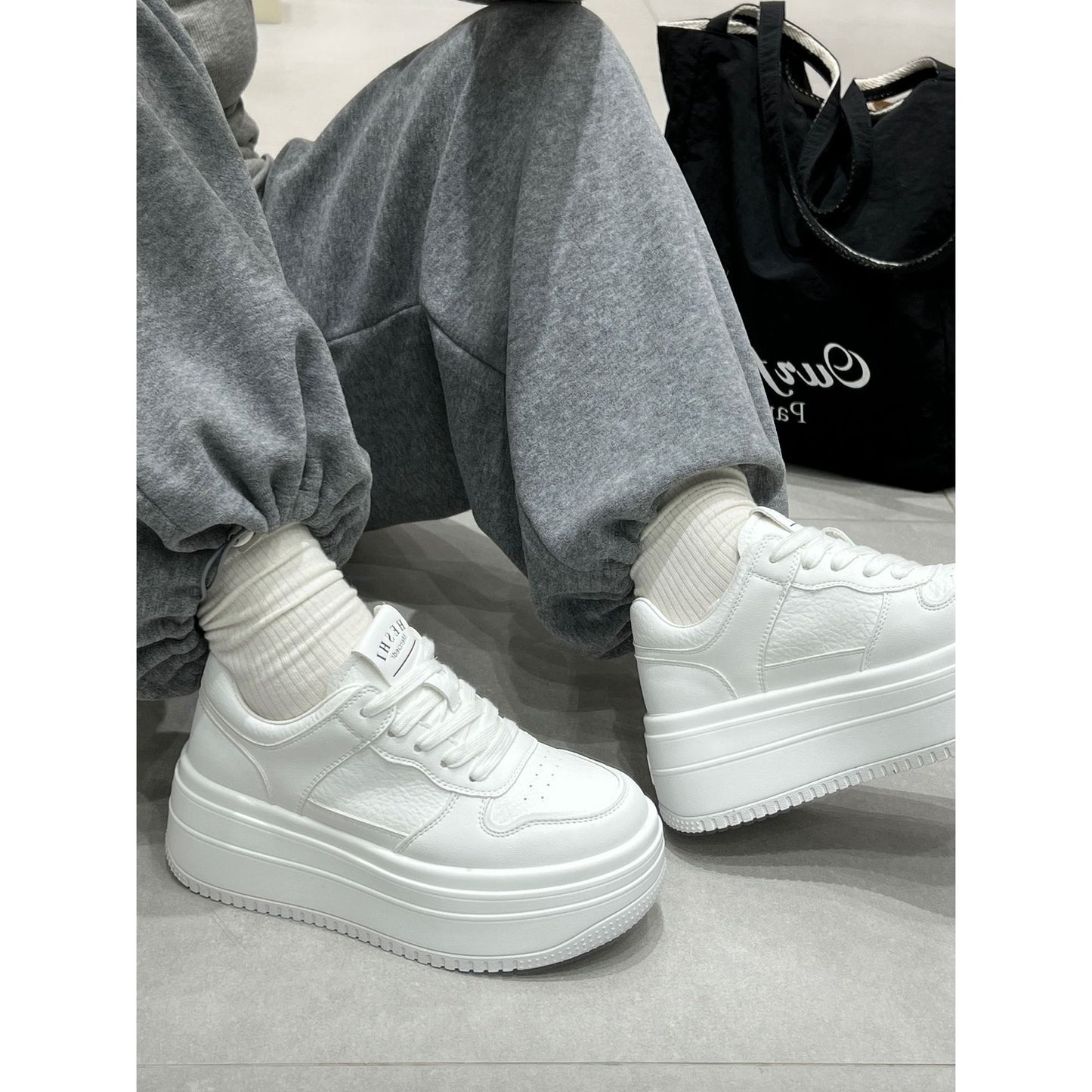 Women's White Spring Genuine Fashion Thick Sole Height Sneakers