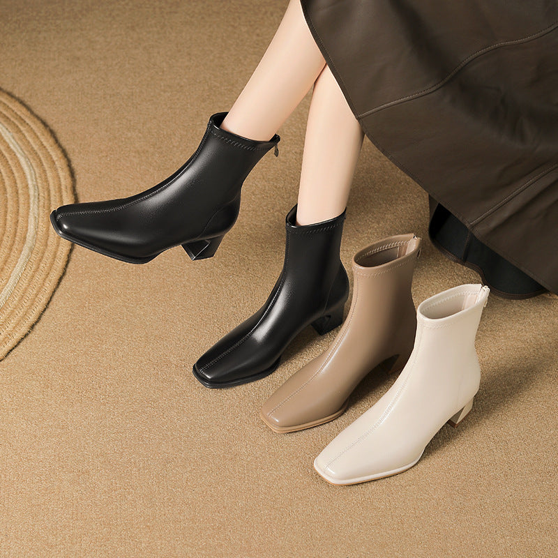Women's Style Chunky Short Commuter Back Zipper Elastic Square Toe Boots