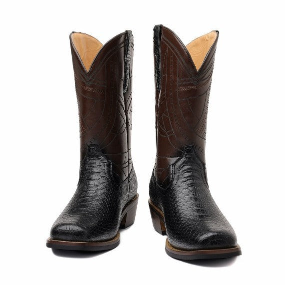 Men's Retro Ankle Cowboy Wooden High Knee-high Men's Leather Boots