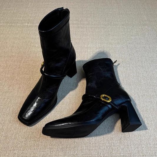Back Zipper High Square Toe Vintage Fashion Female French Women's Leather Boots