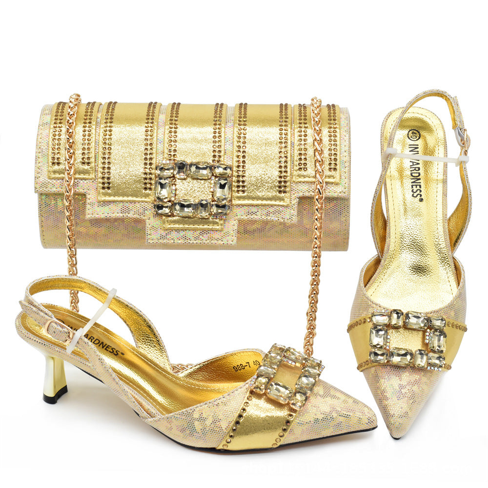 Diamond Pointed Toe Thick With Dinner Bag Set Italian Women's Fashion Shoes